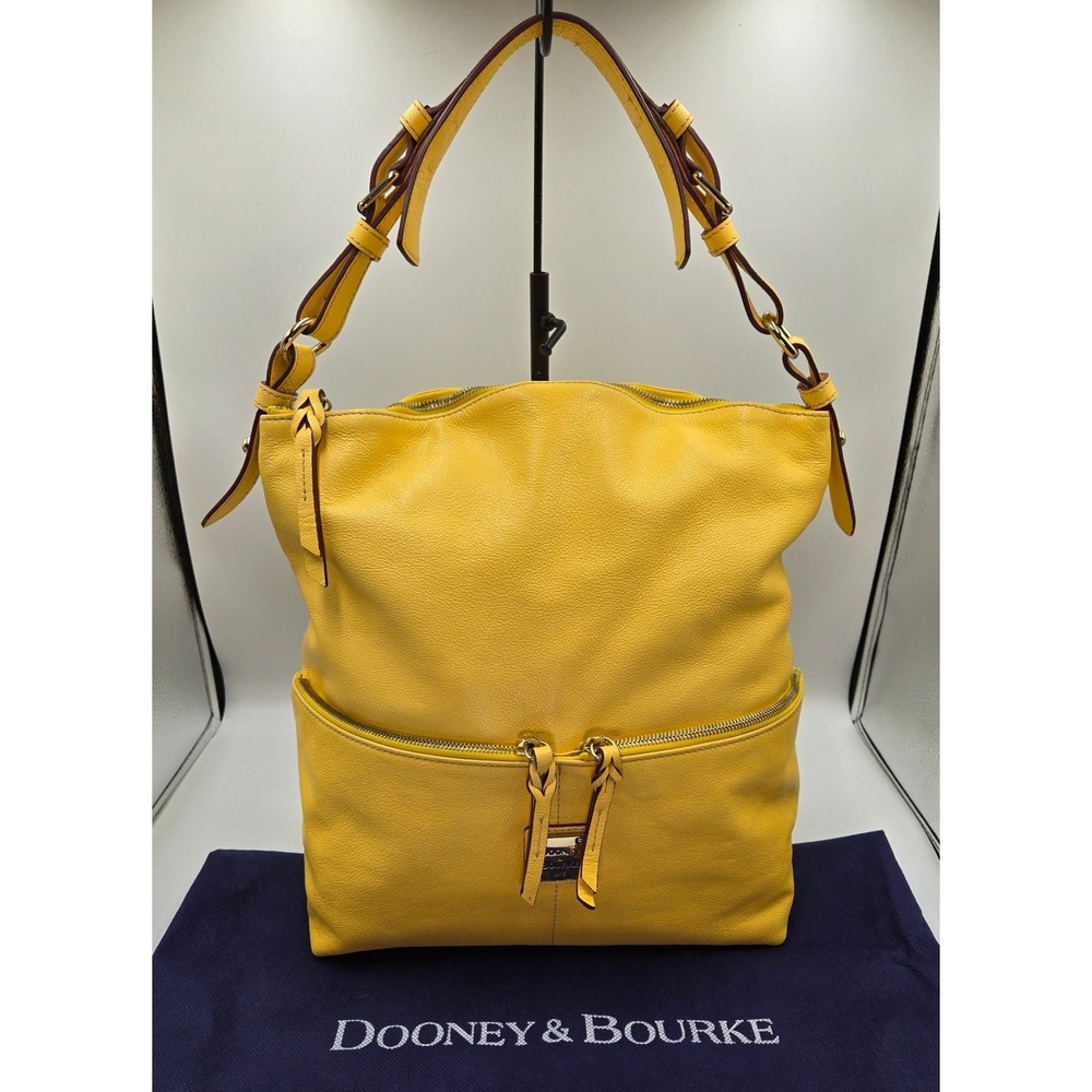 Dooney & Bourke Yellow Leather Hobo Shoulder Bag Purse Double Zip Front Pockets